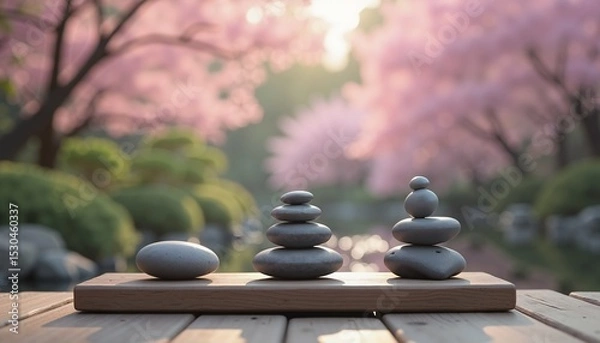 Obraz Balanced zen stones at sunrise in serene garden, tranquility and harmony concept