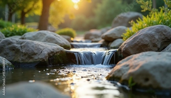 Obraz Tranquil garden waterfall at sunset with lush greenery, peaceful nature retreat