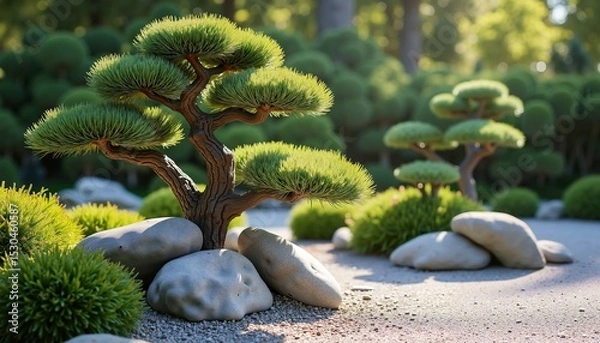 Obraz Beautiful bonsai tree in tranquil garden setting, perfect for nature relaxation themes
