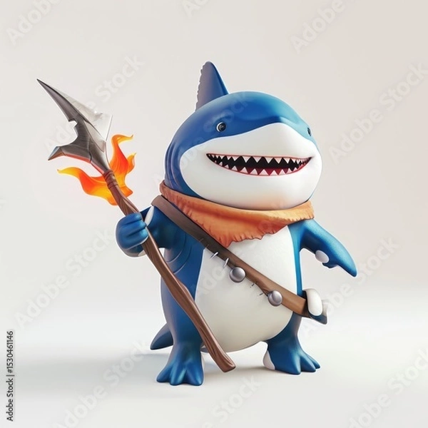 Fototapeta Adorable Cartoon Shark Warrior Holds Flaming Spear On White Background