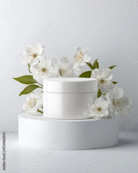 Fototapeta A white cosmetic jar displayed on a round stand with delicate white flowers around it.