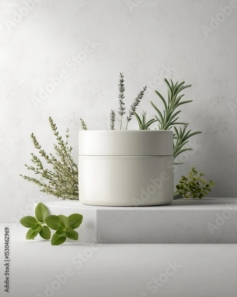 Fototapeta A white cosmetic jar displayed on a round stand with delicate white flowers around it.