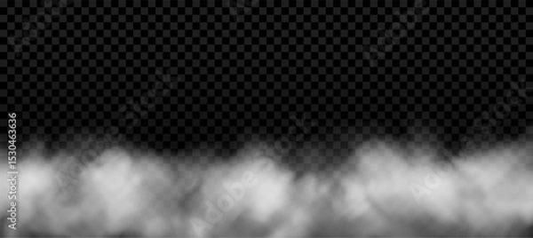 Fototapeta White smoke bottom border. Realistic fog with transparent effect. Thick clouds, vector background texture