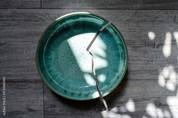 Obraz Cracked turquoise ceramic plate in sunlight lying on a wooden surface.