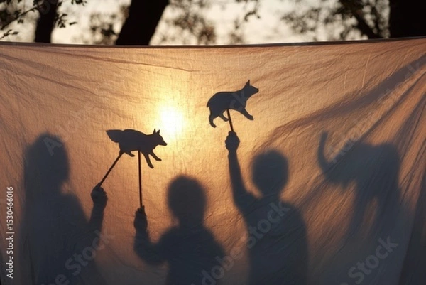 Fototapeta Children’s shadow puppets on fabric screen at sunset