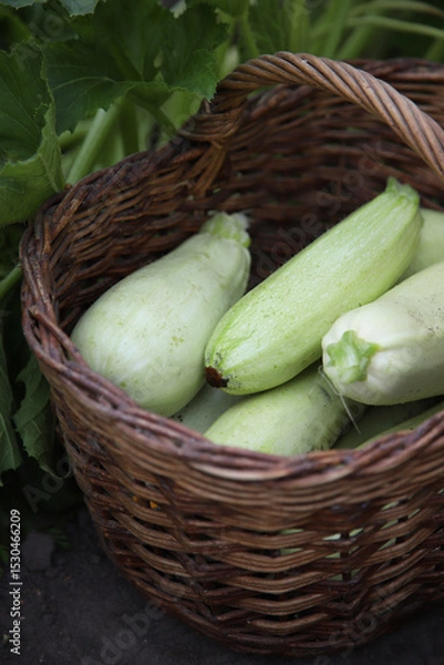 Obraz A few zucchini in a basket side view.