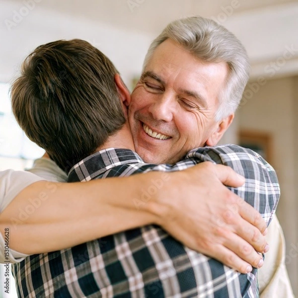 Obraz Happy father and son embracing in warm hug