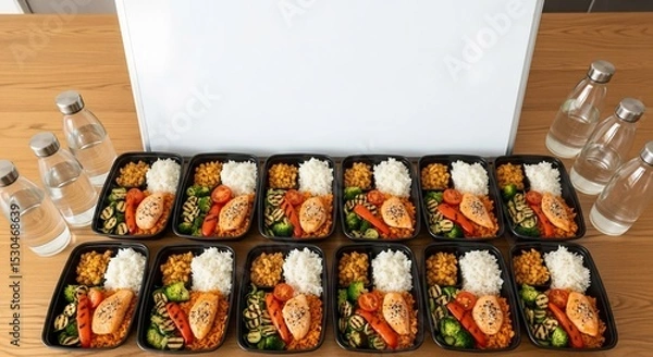 Fototapeta Healthy Meal Prep: Balanced Diet Boxes with Salmon, Rice, and Grilled Vegetables