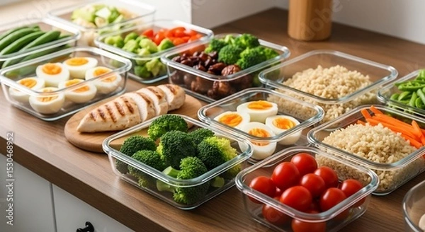Fototapeta Healthy Meal Prep Containers: Balanced Diet Food Preparation with Protein and Vegetables