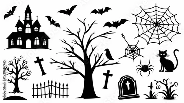 Fototapeta Spooky Halloween night with a haunted house and cemetery under a moonlit sky, featuring silhouetted trees and a church