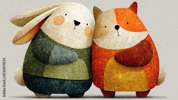 Obraz Cute Valentine's Day illustration of two cartoon animals hugging in a cozy watercolor style, warm and bright colors, clean white background, minimal flat design, pop art style