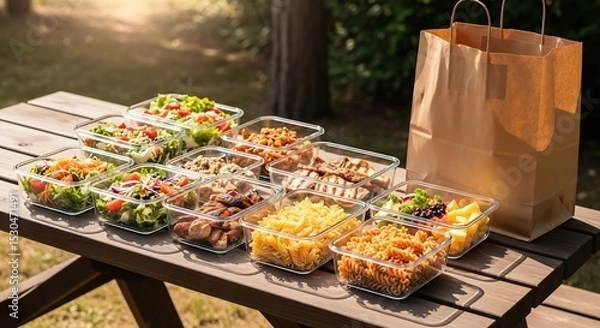 Fototapeta Healthy meal prep picnic: fresh salads, pasta and nutritious food containers outdoors