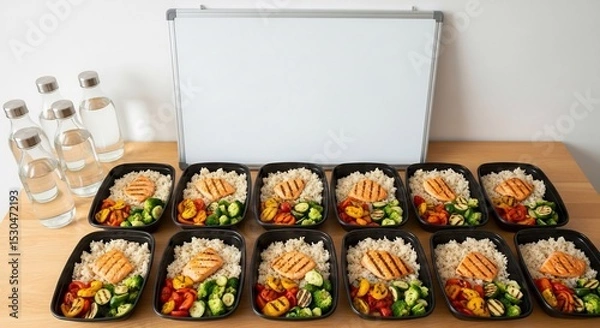 Fototapeta Healthy Meal Prep: Salmon, Rice, and Vegetables in Containers for Diet Planning