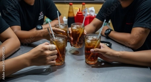 Fototapeta Ice Tea Time: Friends Enjoying Refreshing Drinks Together at Local Cafe