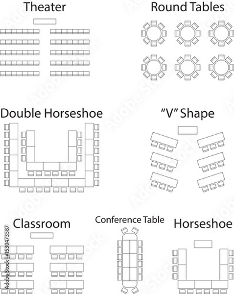Fototapeta Seat plan icon set, Theater, round tables, seminar, classroom, conference, v shape, Horseshoe, top view, chair and table, architectural plan with blueprint, customizable stroke, vector, illustration	