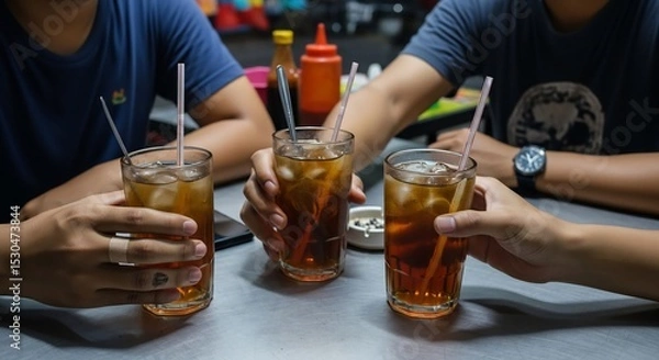 Fototapeta Iced tea friends enjoying refreshing drinks at table, social gathering, lifestyle