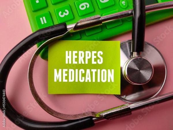 Fototapeta Statehoscope and calculator with the word HERPES MEDICATION on a pink background