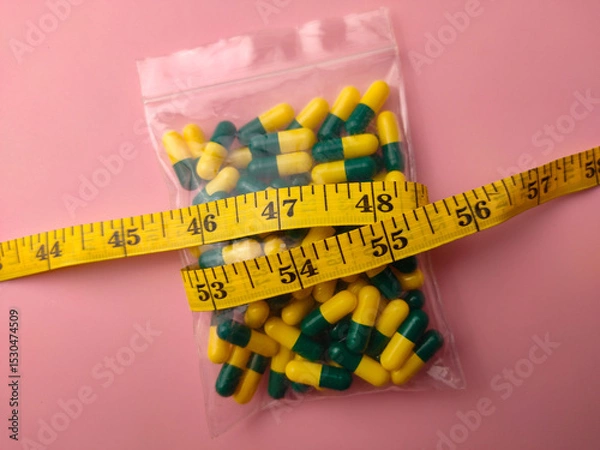 Fototapeta Closeup of a medicine pill package with measuring tape on a pink background