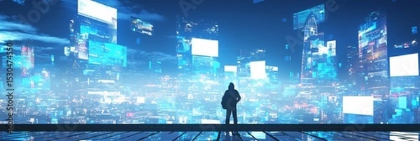 Obraz Digital cityscape with holographic screens and silhouette

