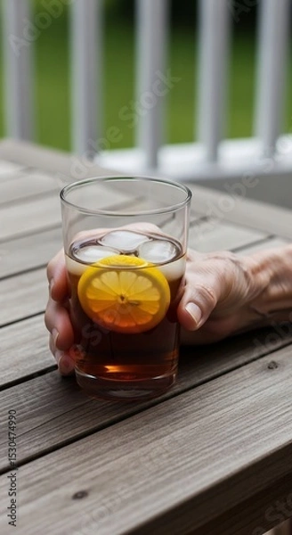 Fototapeta Iced Tea with Lemon Refreshment: A Hand Holds a Cold Drink Outside