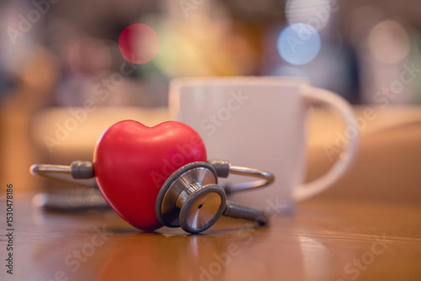 Fototapeta Red heart shape exercise ball with doctor physician's stethoscope on coffee shop background, Heart disease and coffee drinking concept, world heart health day. doctor day.