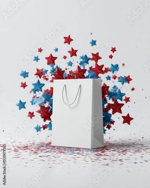 Fototapeta Paper shopping bag surrounded by red and blue 3D stars on a light background. Template for 4th of July sale