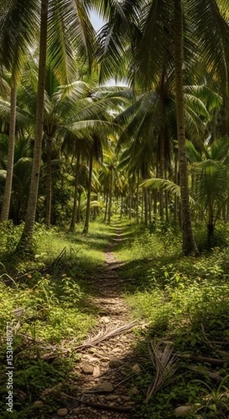 Fototapeta Lush Tropical Forest Trail: A Path Through Dense Palm Trees Landscape