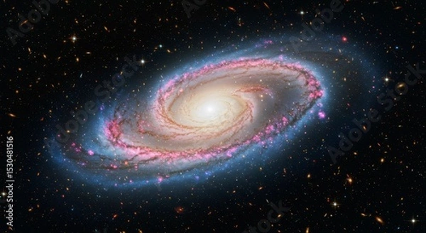 Fototapeta A vibrant spiral galaxy, swirling arms of gas, dust, and stars against a backdrop of distant galaxies