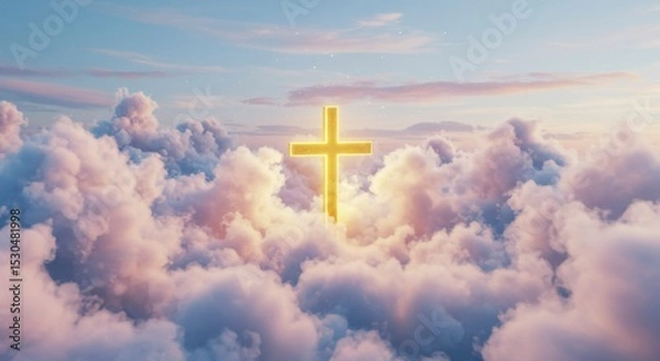 Fototapeta Golden cross above clouds at sunrise