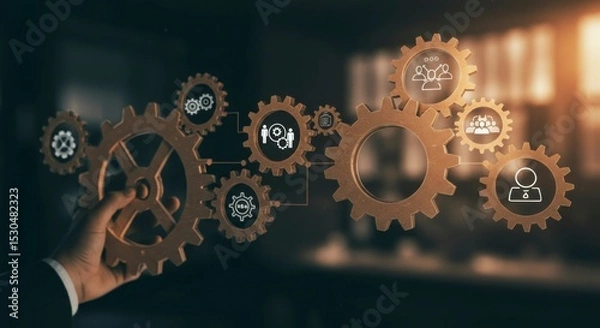 Fototapeta Hand interacting with interconnected gears, representing teamwork and collaboration in a business setting