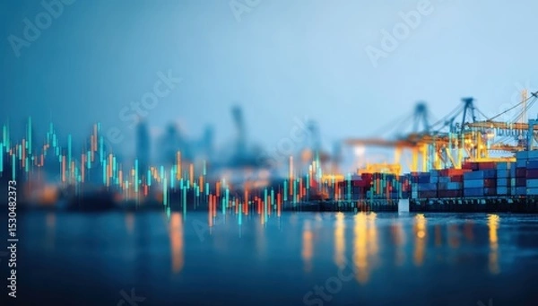 Fototapeta Shipping container port with overlaid stock market chart