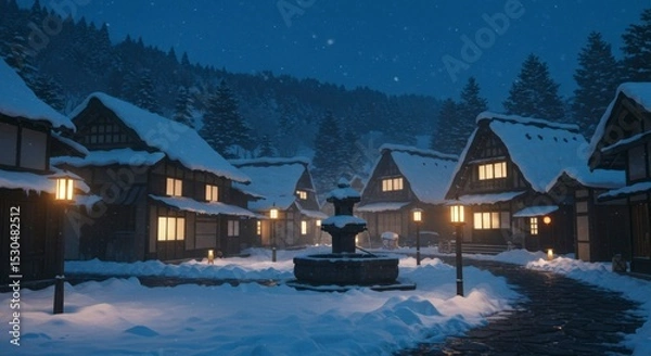 Fototapeta Snowy village at night, charming houses with warm lights, snow-covered roofs, and a fountain