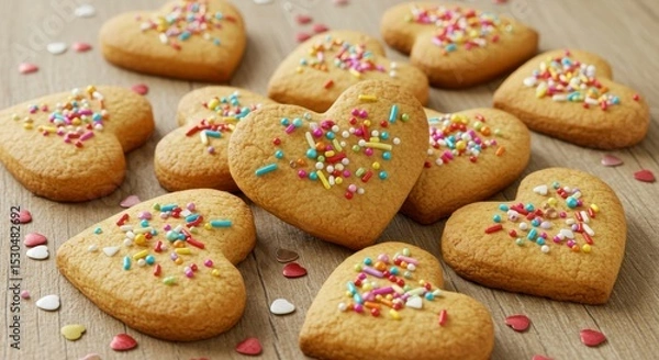 Fototapeta Heart-shaped cookies, adorned with colorful sprinkles, arranged on a wooden surface. Perfect treat!