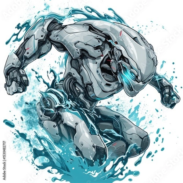 Fototapeta Futuristic Robot Leaping Through Aqua Splashes On White Background