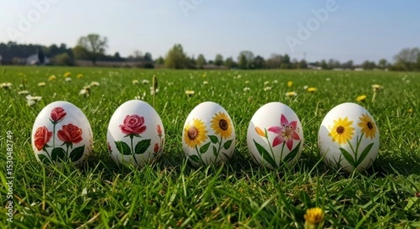 Fototapeta Colorful painted eggs in a grassy field