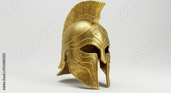 Fototapeta A golden, ancient Greek-style helmet, detailed with etched patterns and a prominent crest, sits against a neutral backdrop