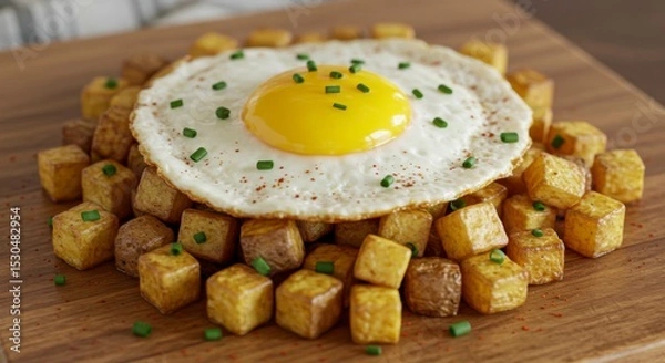 Fototapeta Perfectly fried egg atop a bed of golden, cubed potatoes, garnished with chives