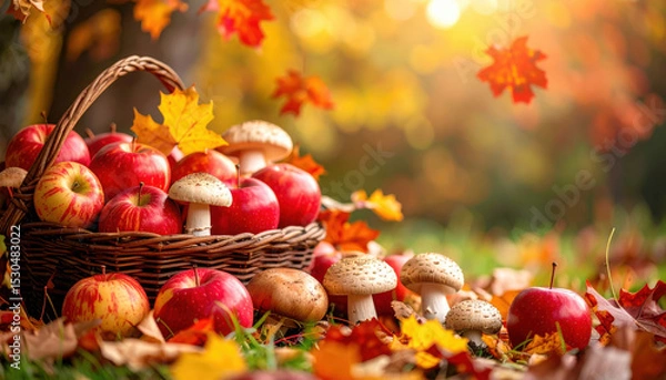 Fototapeta Basket of red apples and mushrooms on grass with falling maple leaves, autumn harvest scene in warm sunlight, cozy and inviting atmosphere, nature and seasonal abundance