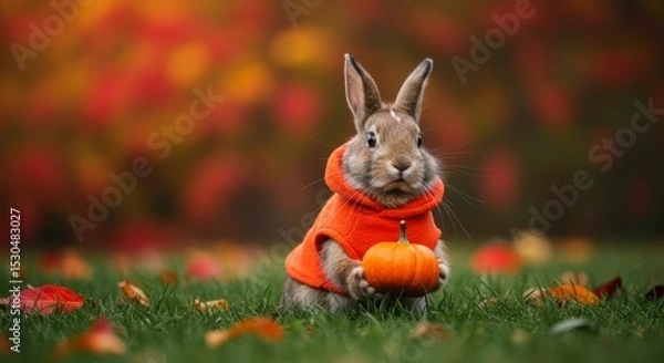 Fototapeta Adorable rabbit in orange hoodie holds small pumpkin amidst autumn leaves