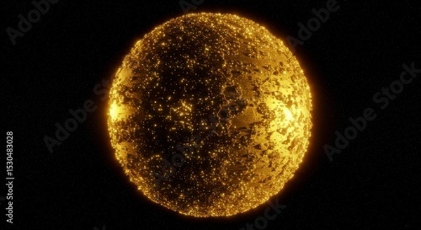 Fototapeta A luminous golden sphere, textured and radiant, glows against a stark black backdrop.  Its surface is intricately detailed