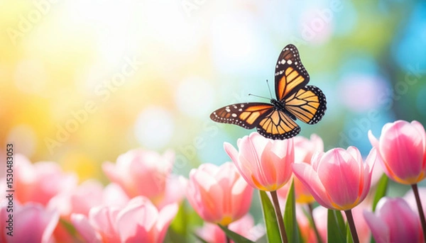 Fototapeta Butterfly landing on pink tulip in pastel spring garden, sunlight and bokeh background, renewal and peaceful nature scene, perfect for text overlay