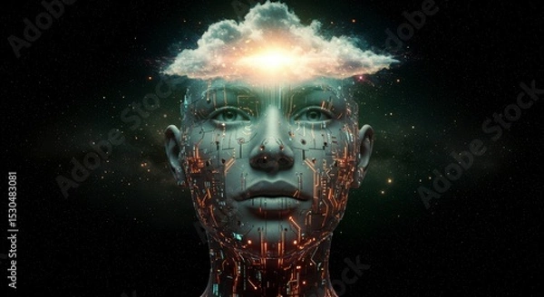 Fototapeta Futuristic AI head with a cloud