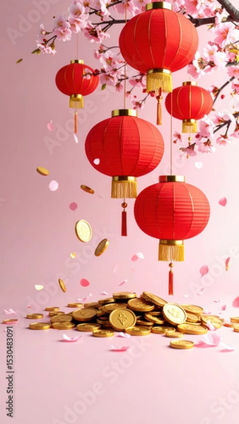 Fototapeta Red lanterns and cherry blossom petals fall gently over pile of gold coins, creating festive and joyful atmosphere with space for text on pink background