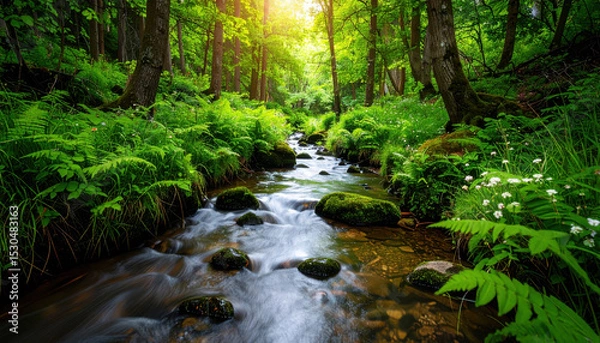 Fototapeta Clear freshwater stream flows through lush green woodland, sunlight filtering through tall trees, mossy rocks and ferns create peaceful, natural, high detail, realistic scene