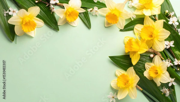 Fototapeta Fresh green leaves and yellow daffodils with cherry blossoms on soft pastel background, creating cheerful and natural spring floral border with copy space