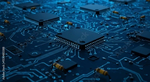 Fototapeta Intricate close-up shows a computer motherboard with many integrated circuits and processors, illuminated