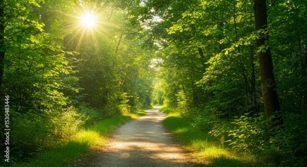 Fototapeta Sunlight streams through a verdant forest path