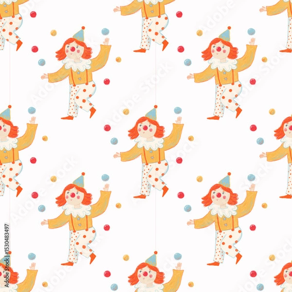 Fototapeta Playful seamless pattern featuring a cheerful clown in a yellow costume juggling colorful balls. The clown is smiling and performing circus tricks, creating a fun and joyful mood.
