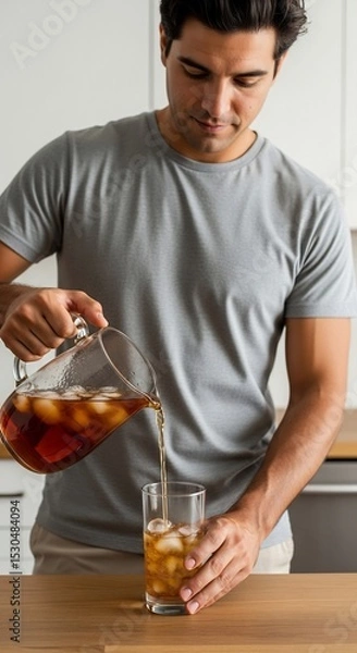 Fototapeta Man Pouring Refreshing Iced Tea Drink Into Glass with Ice at Home