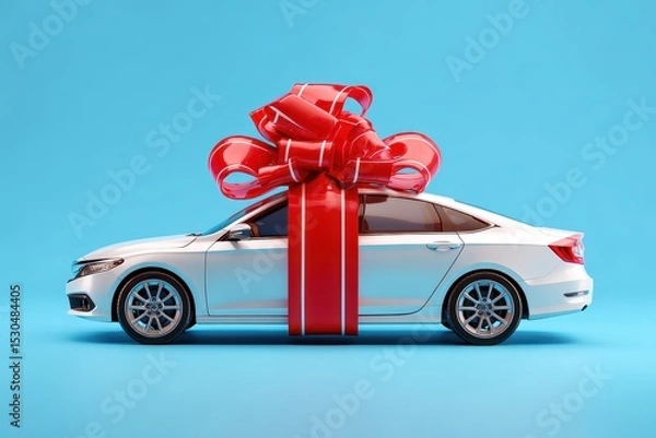 Fototapeta White car wrapped in a large red ribbon